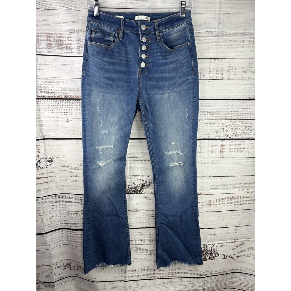 Vigoss Denim Flare Jeans Womens 27 Gwen Kick Flare Button Fly Distressed Stretch